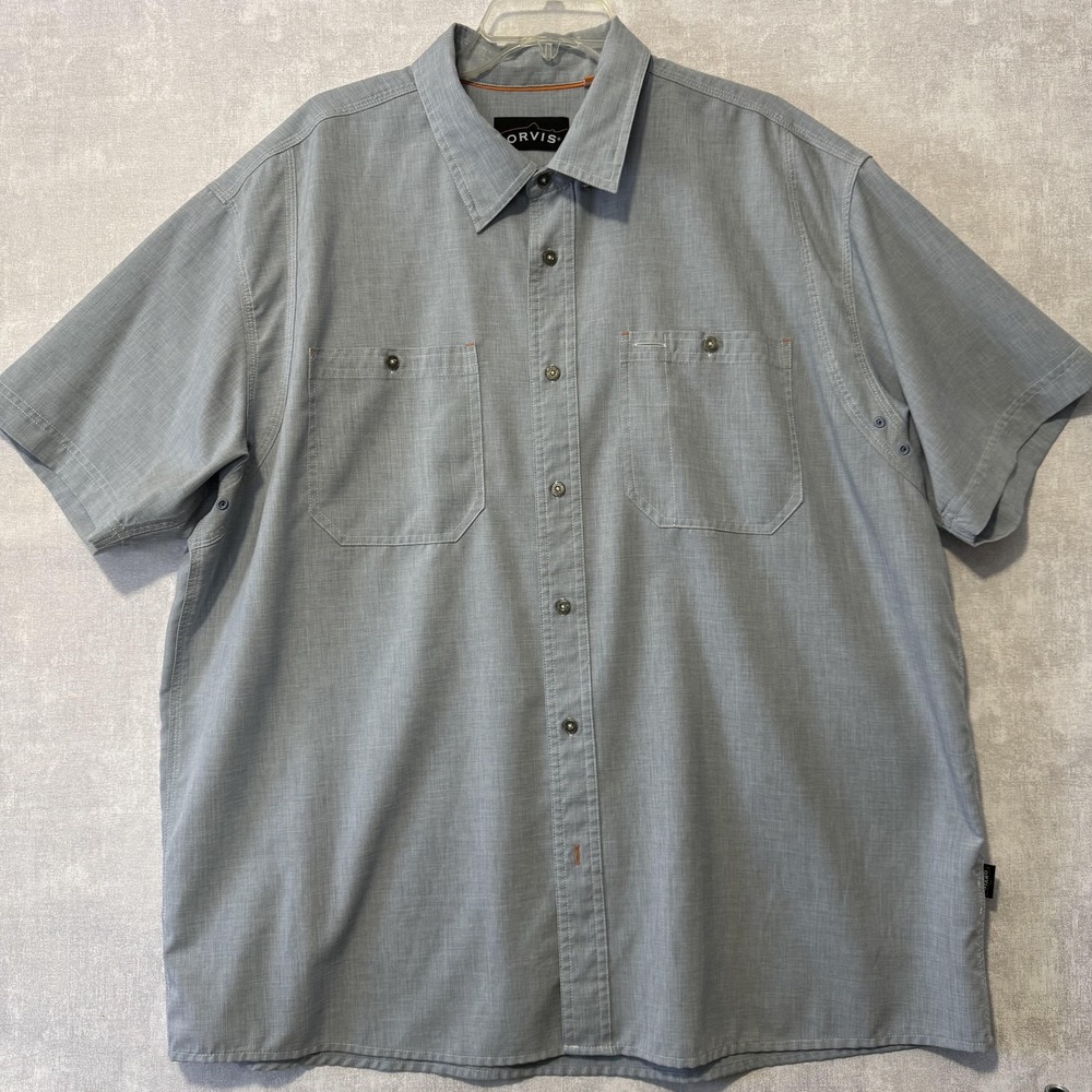 Orvis Shirt Mens 2XL Blue Short Sleeve Button Front Dual Chest Pockets Casual